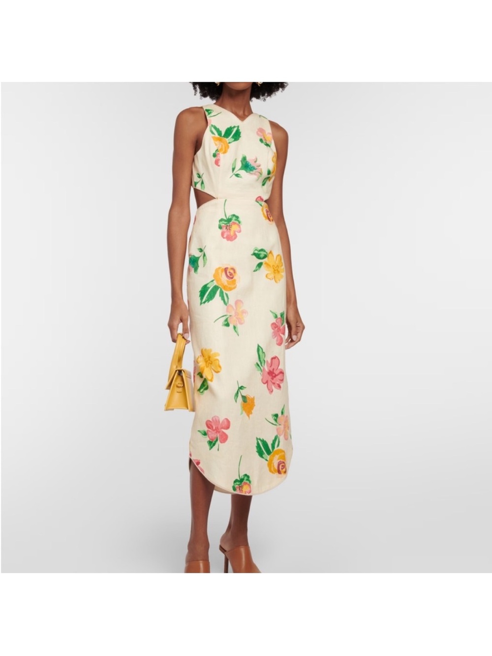Alemais Cream Floral Cutout Midi Dress with Pink & Yellow Blooms